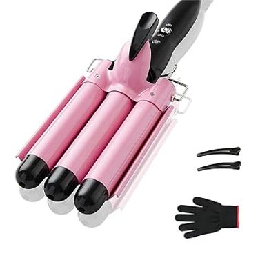 TOP4EVER 25mm Professional Curling Wand & Crimper (Pink)
