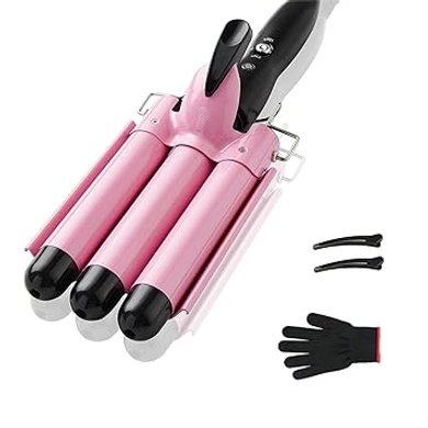 TOP4EVER 25mm Professional Curling Wand & Crimper (Pink)
