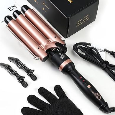 Triple Barrel Curling Wand - Fast Heating, 2-LED Temp Control, Auto Shut-Off, Beachy Waves & Mermaid Crimper Style, Mother