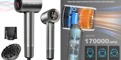 Hair Dryer - Negative Ionic Blow Dryer with 170000 RPM High Speed Brushless Motor for Fast Drying, Low Noise, HD Display Hair Dryer with Diffuser and Nozzle, 5 Temps & 2 Speeds