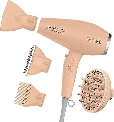 Conair Infiniti Pro Performa Series Hair Dryer: Blush Pink. Includes diffuser and 3 attachments.
