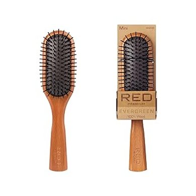 RED Premium Evergreen Wooden Paddle Brush, Detangling Brush with Long Bristles for Thick, Curly, Thin, Wet or Dry Hair - Long-Lasting Shine (Mini)