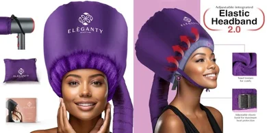 Bonnet Hair Dryer - Integrated Elastic Headband That Reduces Heat Around Ears & Neck - Hood Hairdryer Attachment for Curly Hair - Easy to Use for Deep Conditioning and Fast Hair Drying (Purple)