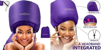 Bonnet Hair Dryer w/A Headband Integrated That Reduces Heat Around Ears & Neck - Hair Dryer Diffuser Cap for Hair Dryer Curly Hair, Speeds Up Drying Time, Deep Conditioning at Home - Large (Purple)