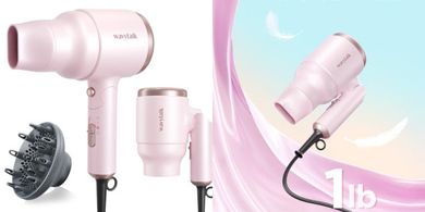 Wavytalk Blow Dryer with Diffuser, Mini Hair Dryer with Folding Handle, 1600W Quiet Lightweight Hairdryer with Diffuser Compact Design, Pinky White